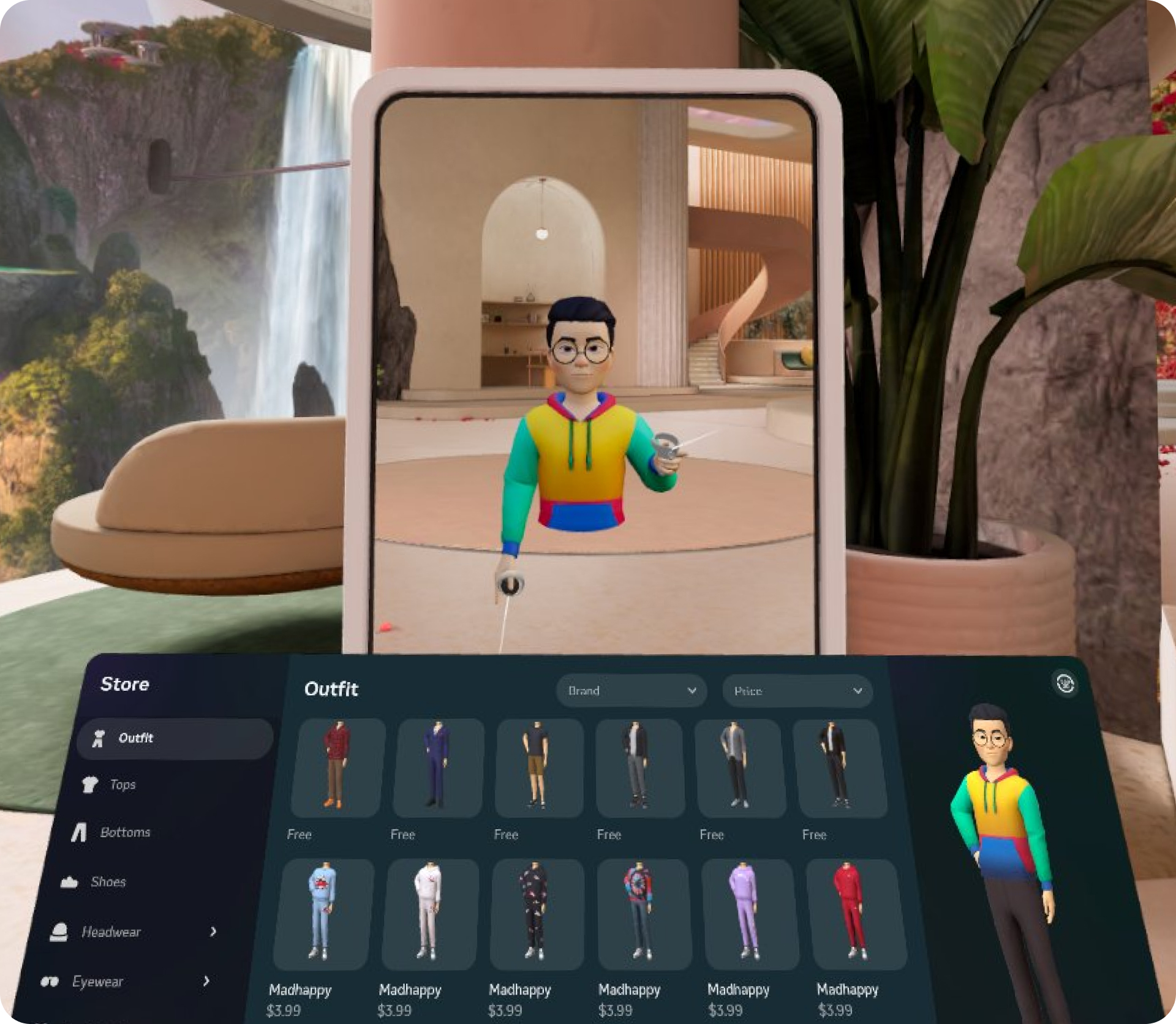 An avatar in front of a mirror in Meta Horizon Home.